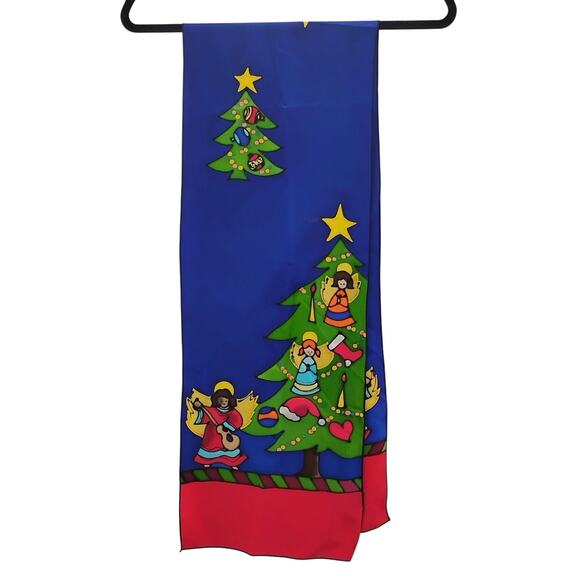 Hand Painted Silk Christmas Scarf Tree Angels Blue Red Green Made in USA - Picture 5 of 5